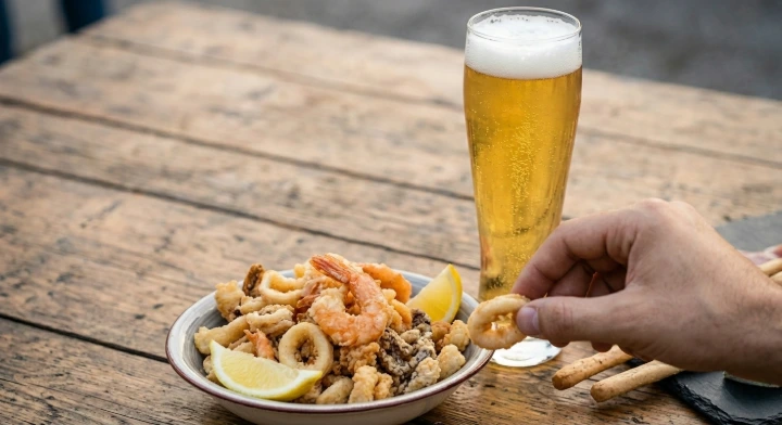 Abbinamento birra pils chiara e fritto misto croccante.