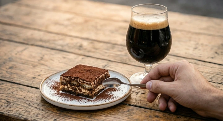 Birra stout artigianale abbinata a tiramisù al cioccolato.