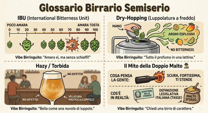 Infografica esplicativa su IBU, Dry Hopping, Birra Hazy e significato di birra Doppio Malto
